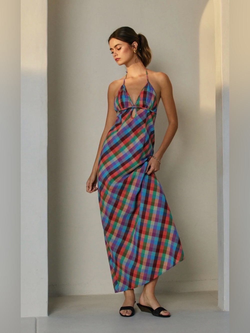 Boutique Multicolor Plaid Halter Maxi Dress